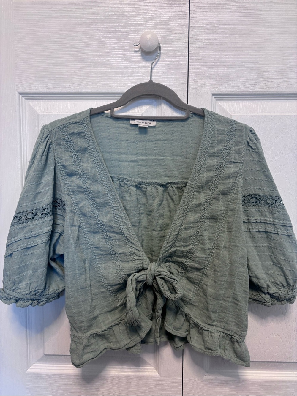 American Eagle Outfitters Sage Green Tie-Front Peasant Blouse